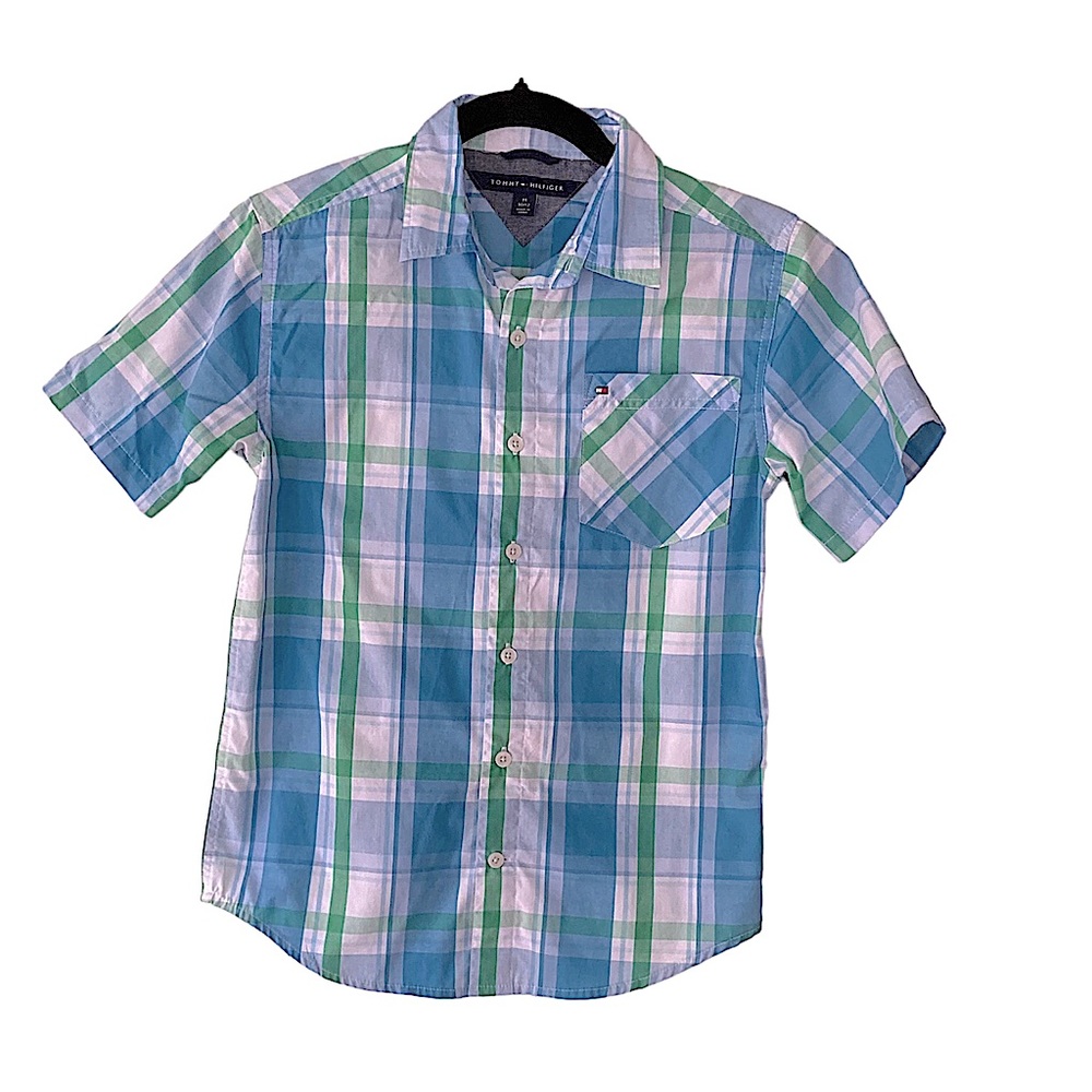 Tommy Hilfiger boys short sleeve button down blue and green plaid medium